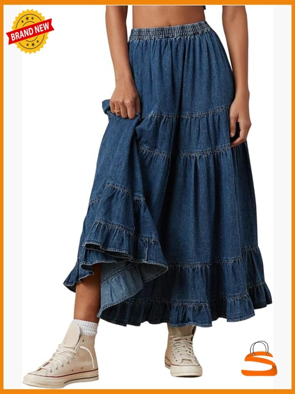 Flowy Chambray Maxi Skirt High Waist Pleated Tiered Long Denim Skirt